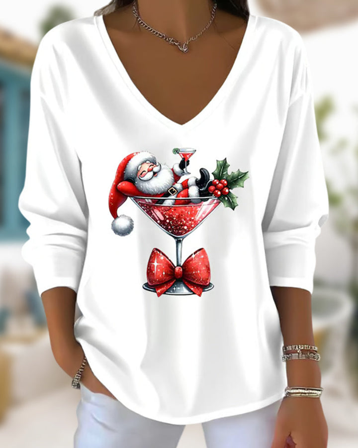 Lavinia | Loose V-Neck Top with Christmas Wine Glass Print