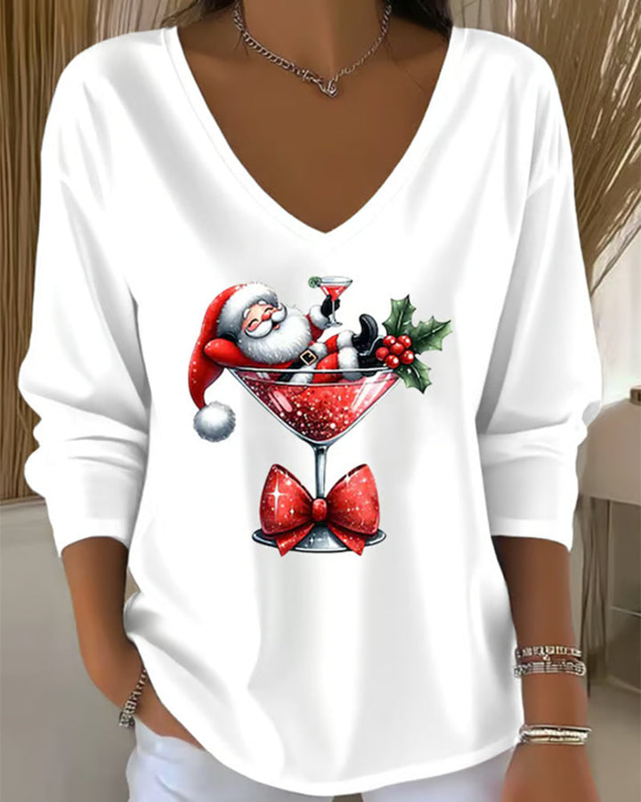 Lavinia | Loose V-Neck Top with Christmas Wine Glass Print