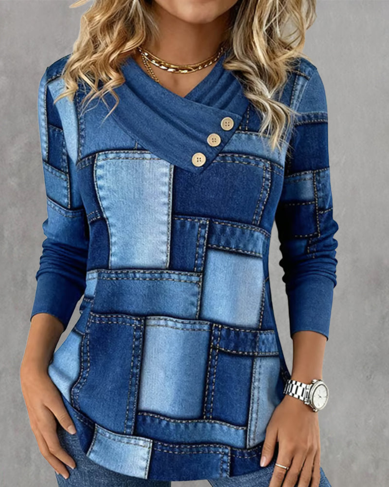 Ivy | Long Sleeve V-Neck Top with Solid Contrast