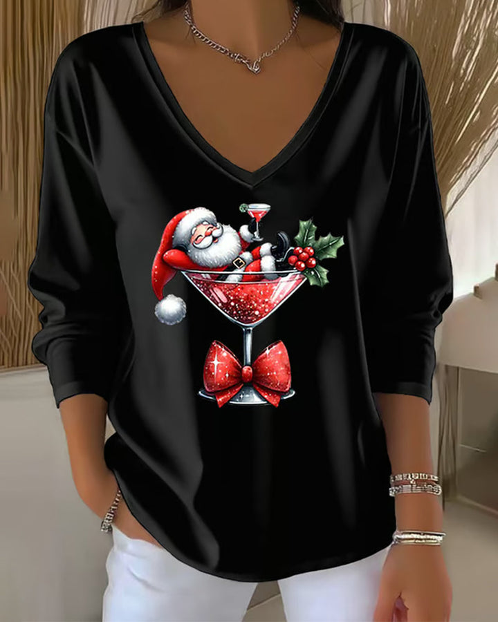 Lavinia | Loose V-Neck Top with Christmas Wine Glass Print