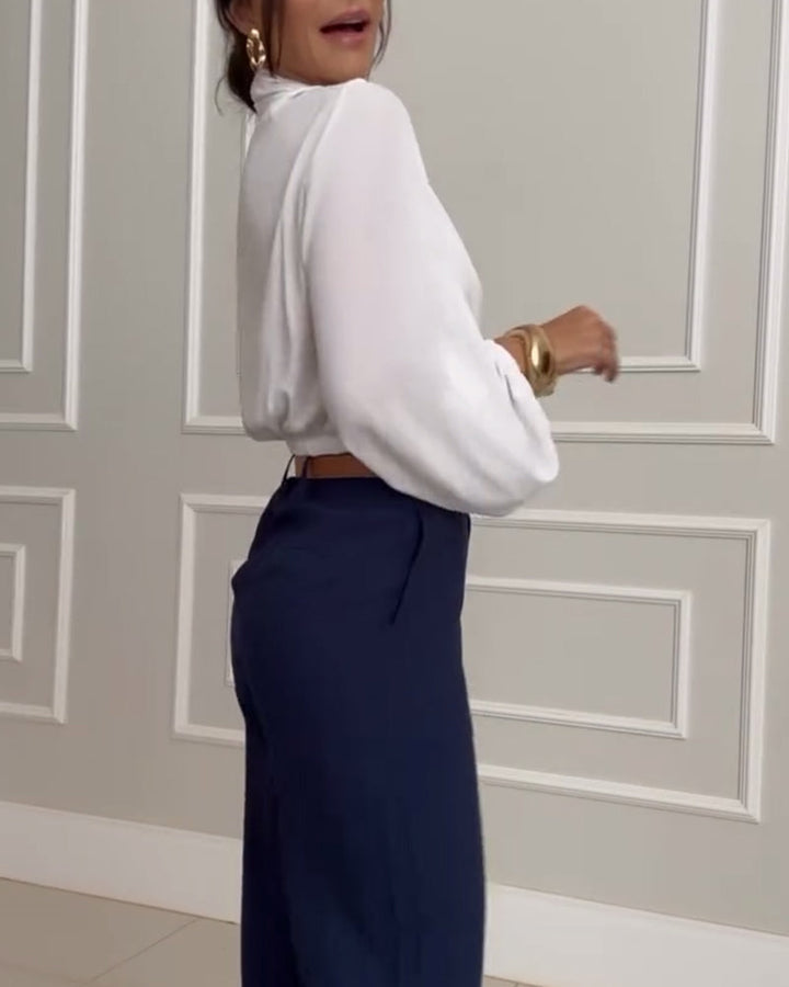 Sky | Trendy Lantern Sleeve Blouse with Solid V-Neck