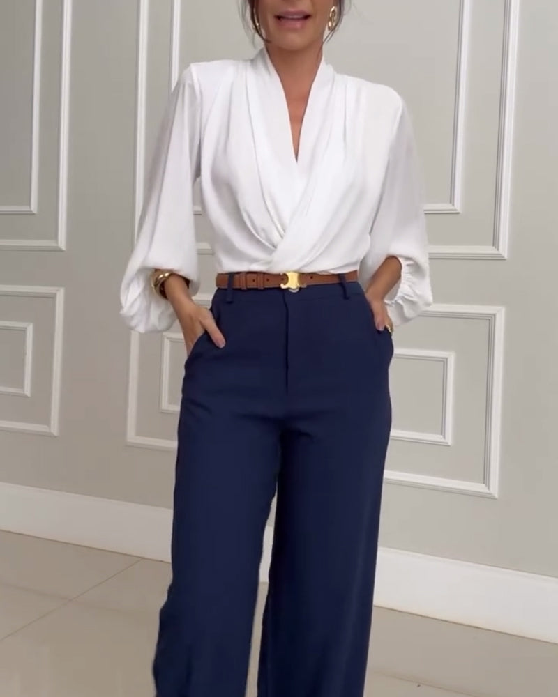 Sky | Trendy Lantern Sleeve Blouse with Solid V-Neck