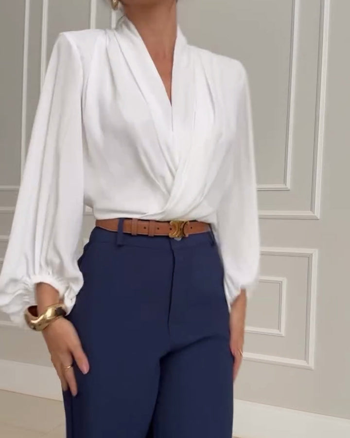 Sky | Trendy Lantern Sleeve Blouse with Solid V-Neck